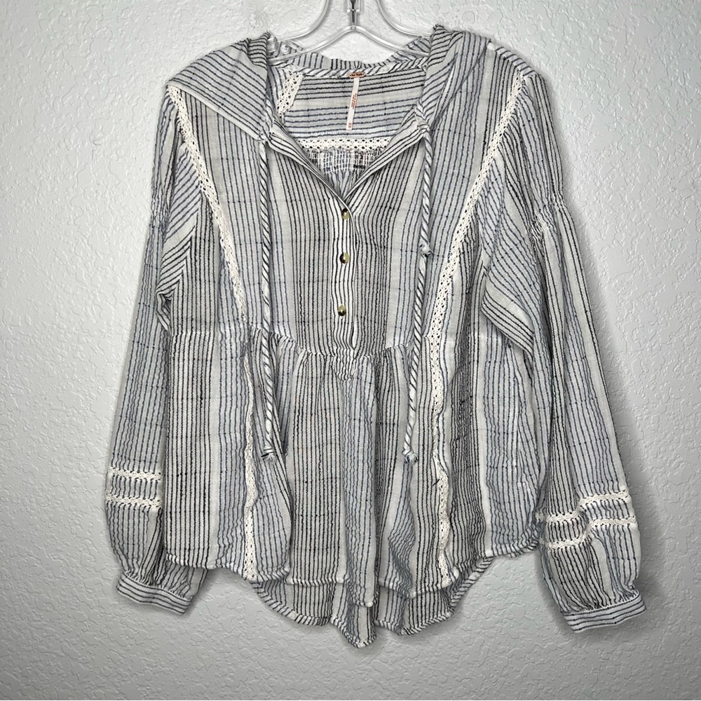Free People Womens Baja Babe Henley Shirt, Blue, X-Small Lagenlook Loose Relax